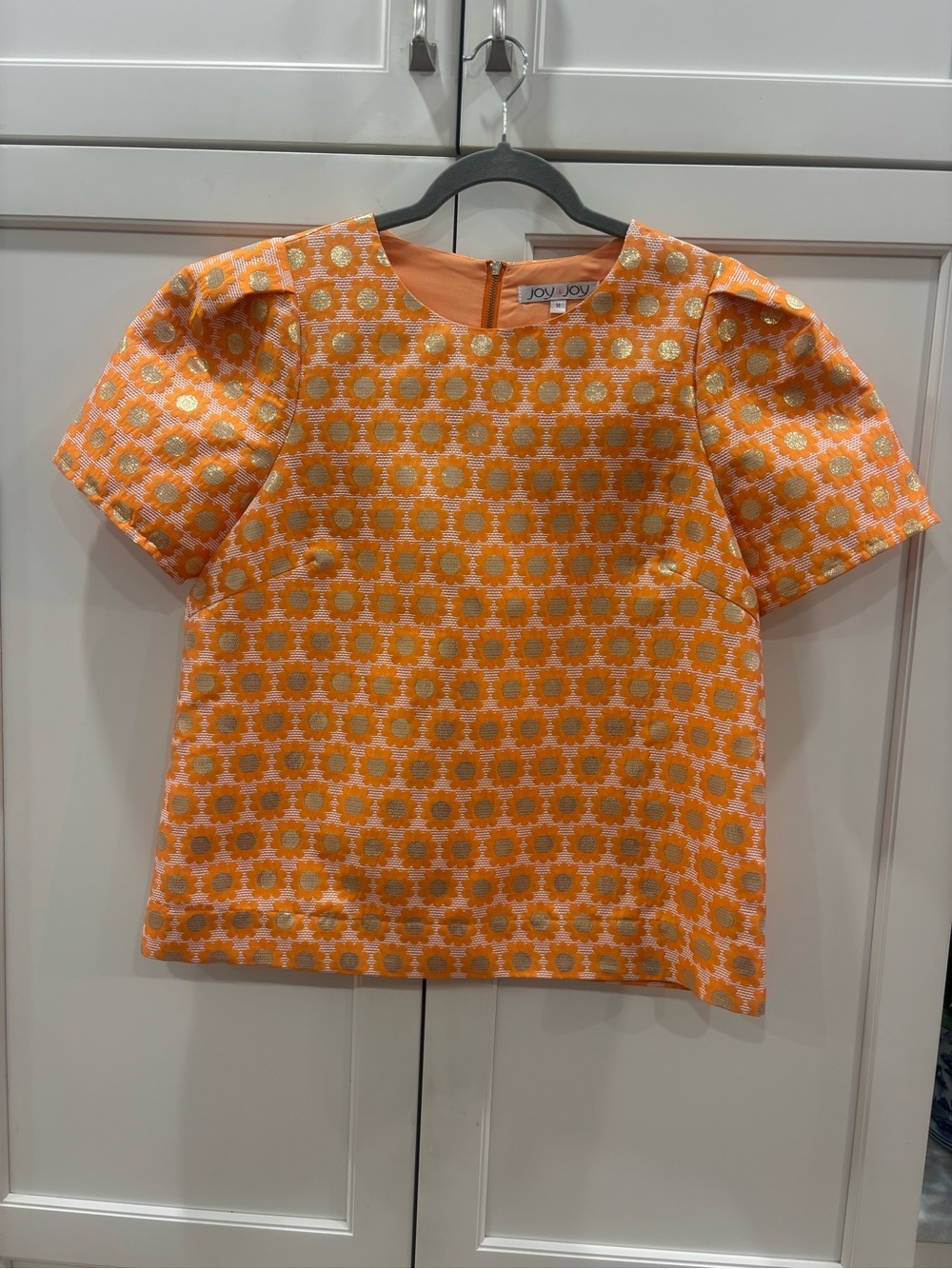 Joy Joy Orange Floral Jacquard Short Sleeve Top